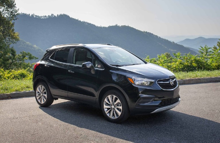 Front passenger angle of a black 2021 Buick Encore