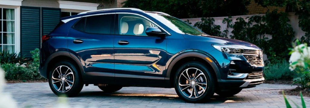 Front passenger angle of a blue 2021 Buick Encore GX