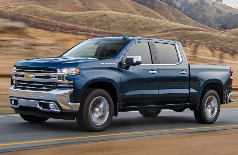 Side view of a blue 2021 Chevrolet Silverado