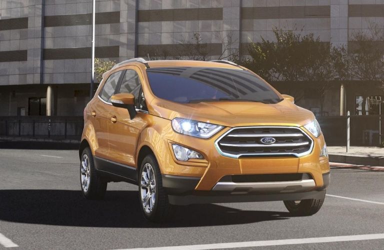 The 2021 Ford EcoSport in luxe yellow on the road.