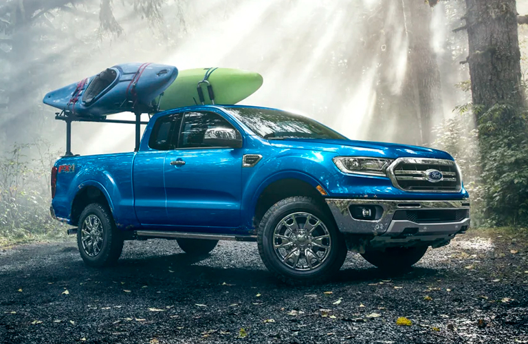 A 2021 Ford Ranger carrying kayaks.