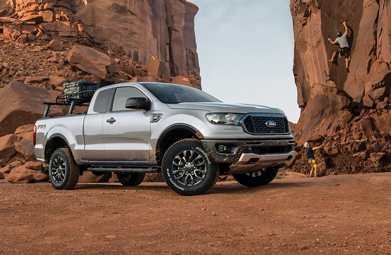 A 2021 Ford Ranger parked in a rocky terrain.