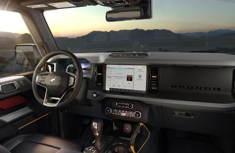 Cockpit view of the 2023 Ford Bronco equipped with available 12-inch infotainment system