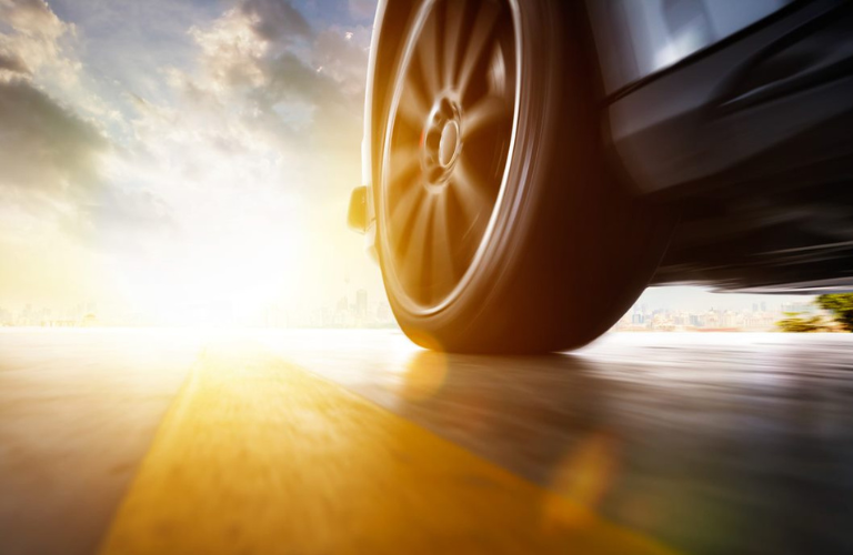 A close up of a vehicle's tire