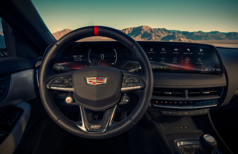A close up of the 2025 Cadillac CT5-V Blackwing steering wheel 