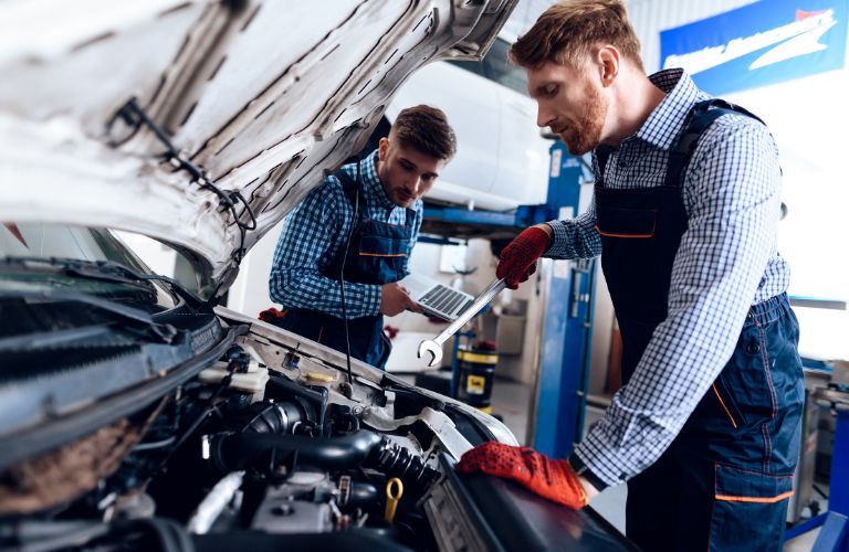 Two mechanics working on a car